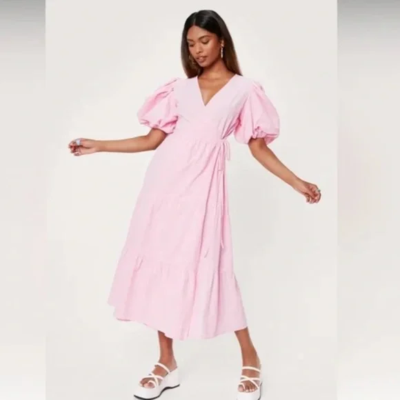 Pink puff sleeve tiered midi wrap dress - Picture 7 of 8